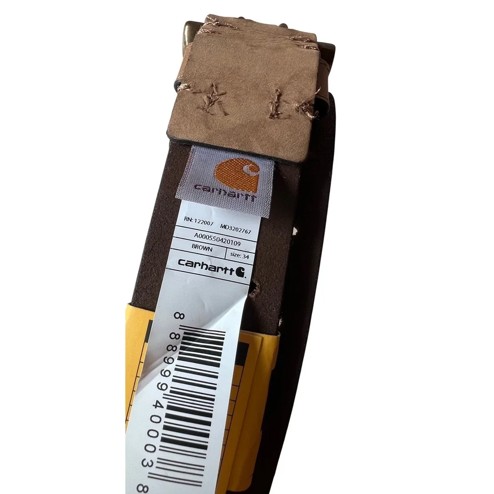 Carhartt Mens Brown Saddle Leather Double-Prong Perforated Belt Size 34 NEW